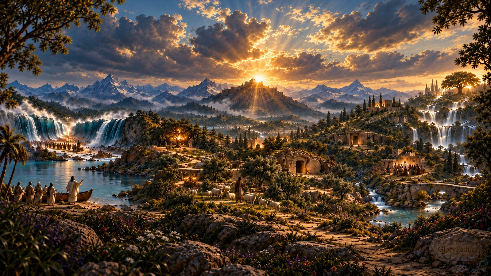 One sweeping landscape holding ten biblical encounters, from the left shoreline to a river and tree at the right.